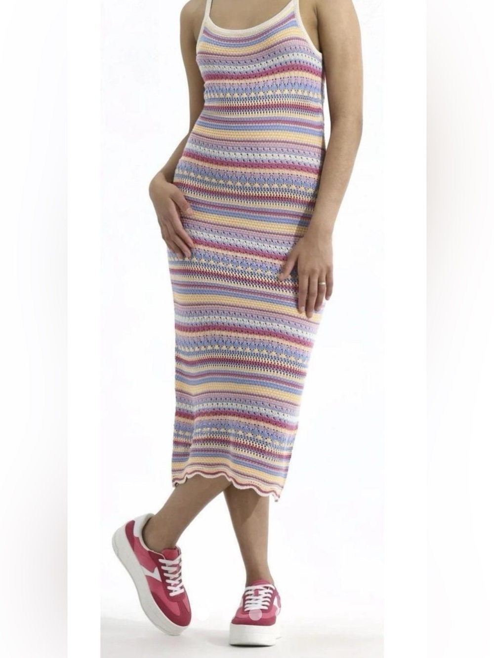 No Boundaries Pastel Striped Open Knit Maxi Dress Scalloped Hem Large - Picture 2 of 12